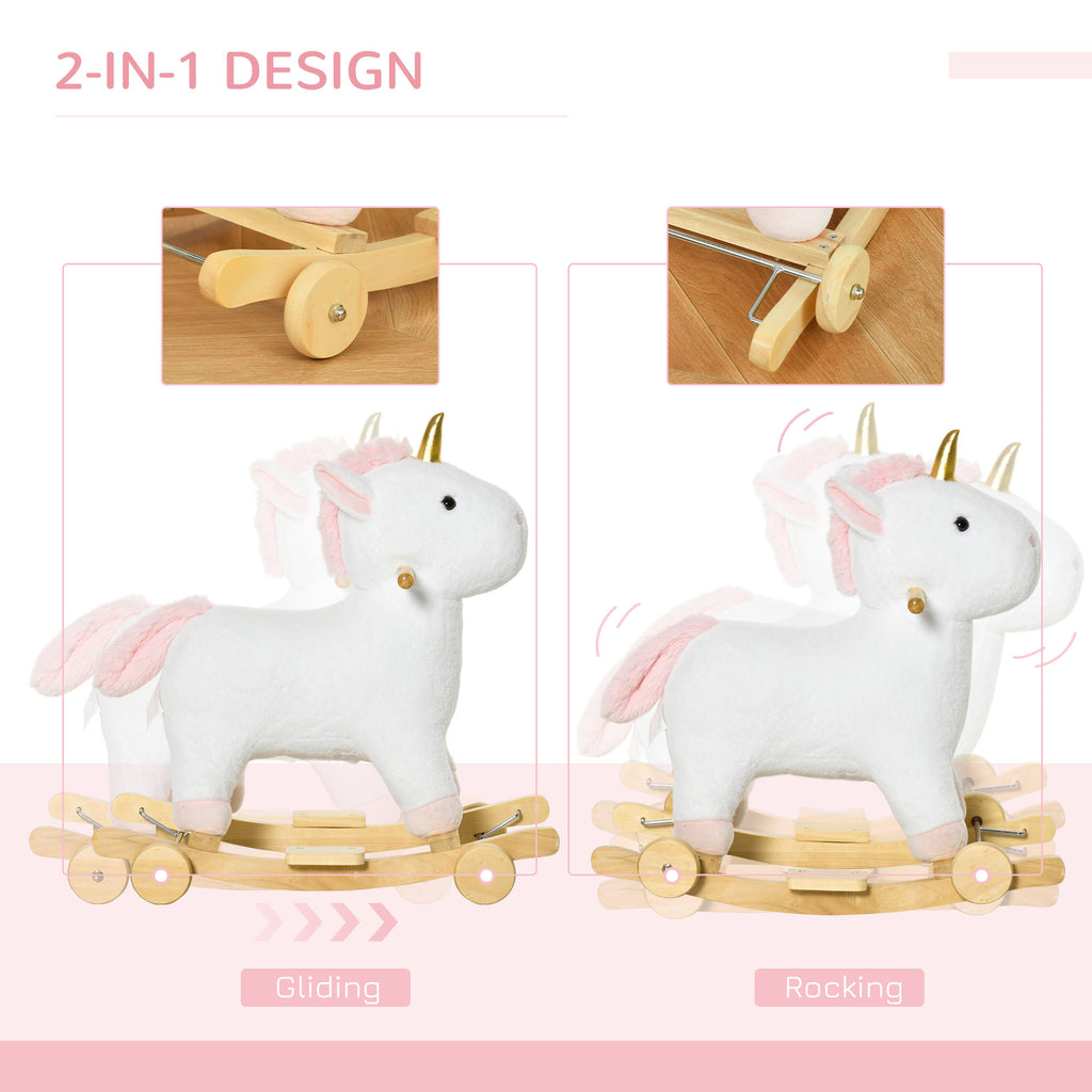 2 In 1 Kids Rocking Horse, Rolling Unicorn With Sound, Wooden Base