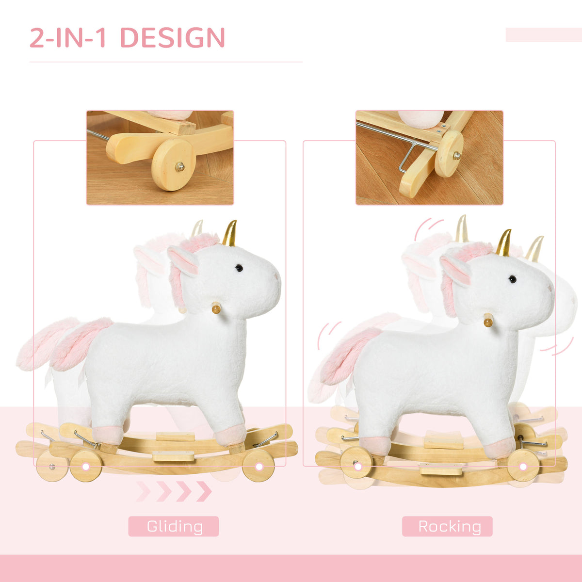 2 In 1 Kids Rocking Horse, Rolling Unicorn With Sound, Wooden Base