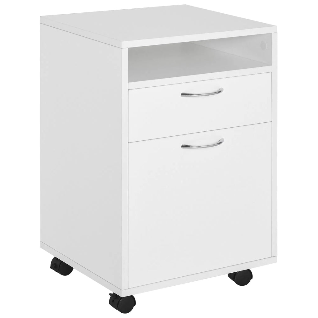 24" Small Filing Cabinet With Open Compartment, Drawer And Wheels, Home