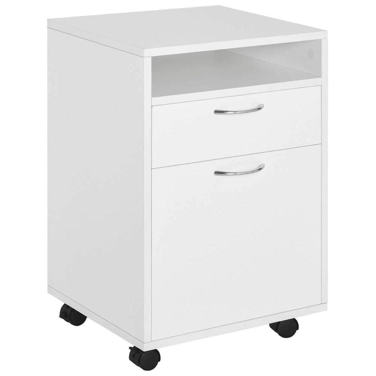 24" Small Filing Cabinet With Open Compartment, Drawer And Wheels, Home