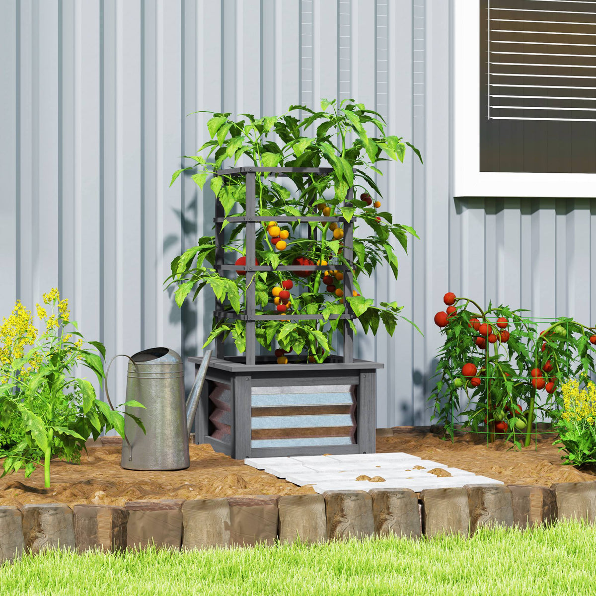 Wooden Raised Garden Bed With Trellis, Galvanized Planter Box Elevated