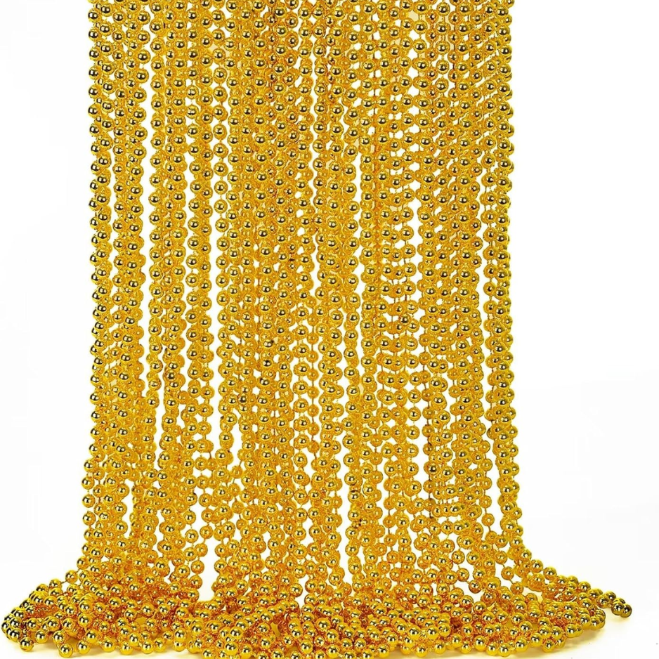 12PCS Mardi Gras Beads Necklace Set, 33 Gold Beaded Necklaces, Festive