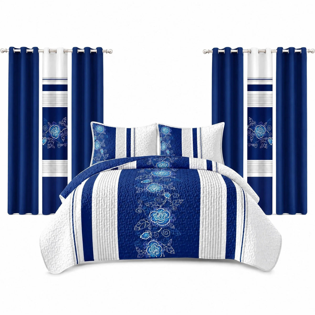 9-Piece Deep Blue Floral Bedspread And Curtain Set, Reversible