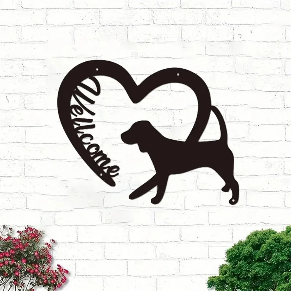 Rustic Farmhouse Metal Welcome Sign With Heart And Dog Cutouts
