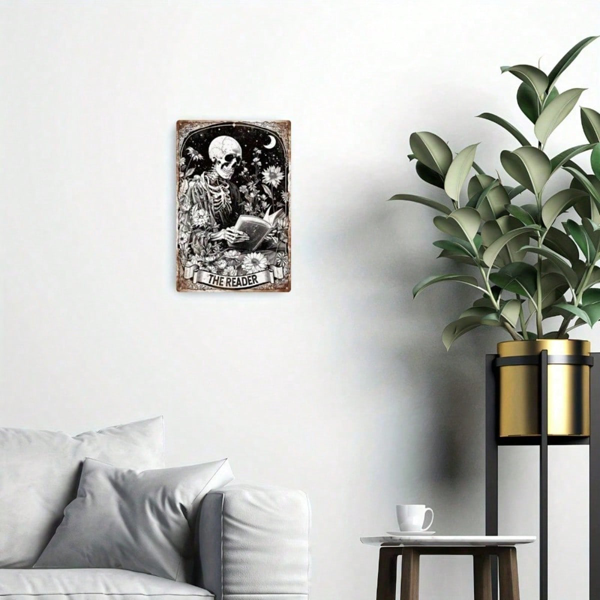 Vintage Retro Skeleton Reading Books Metal Tin Sign, Funny Floral Moon