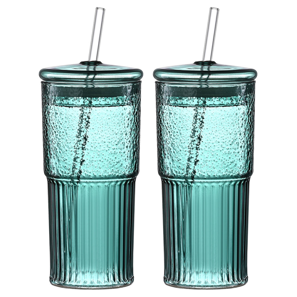 20 Oz 2-pack Green Glass Straw Cup With Vertical Pattern Cup And Lid