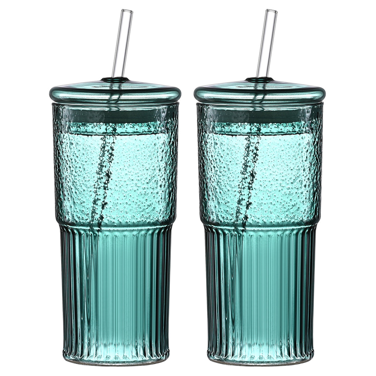 20 Oz 2-pack Green Glass Straw Cup With Vertical Pattern Cup And Lid