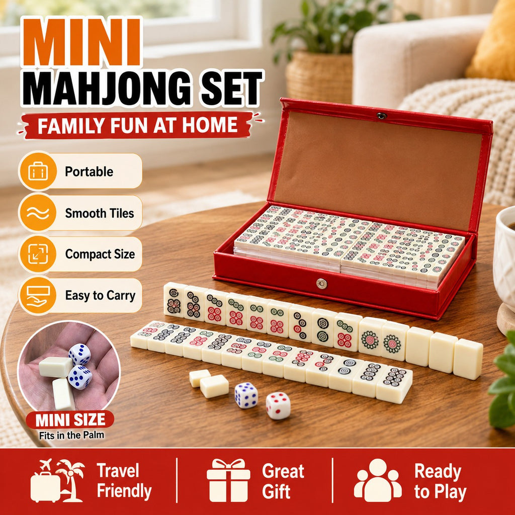 Pocket Mahjong Set 144 Mini Tiles 2 Dice Red Case Family Travel Games