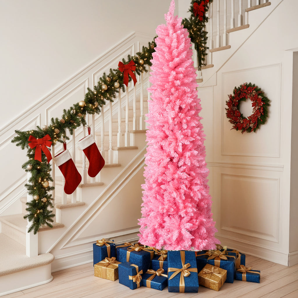 7.5 FT Hinged Christmas Tree, Artificial Pencil Christmas Tree, Unlit