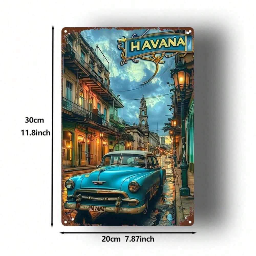 Vintage Blue Car Havana Street Scene Metal Sign, Retro Tin Wall Art 8x12