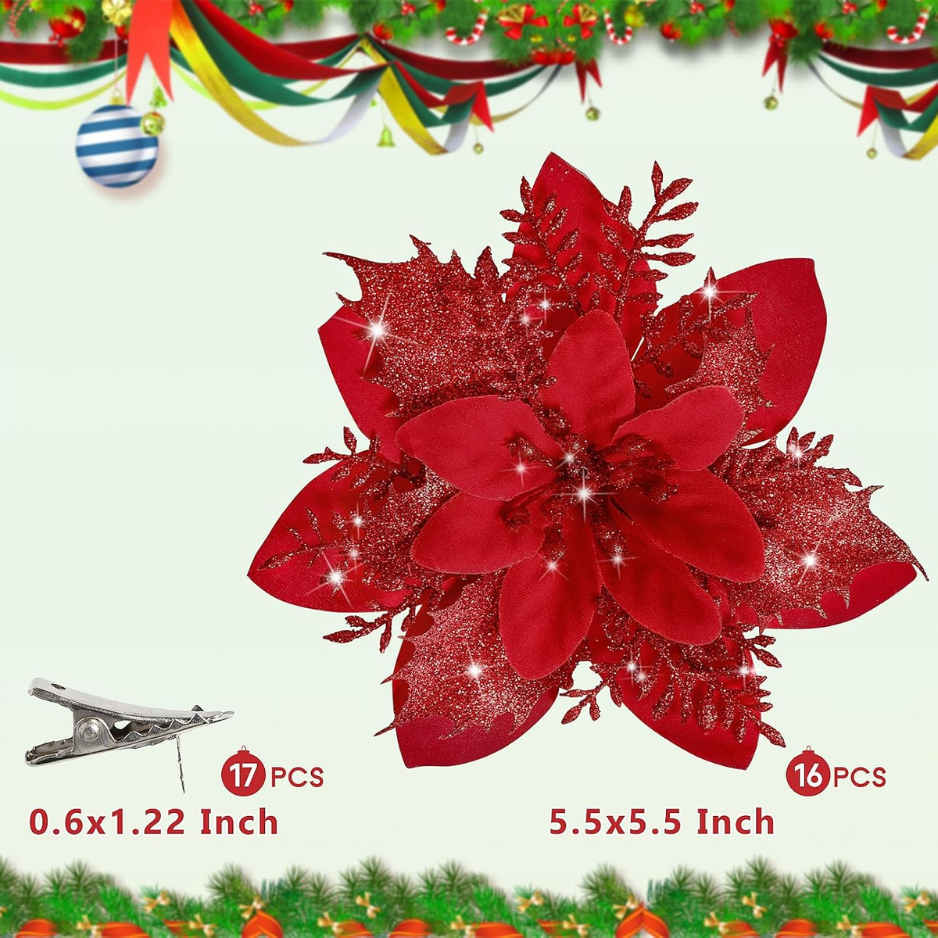 16 PCS Poinsettia Flower Artificial Poinsettias With Clips Christmas