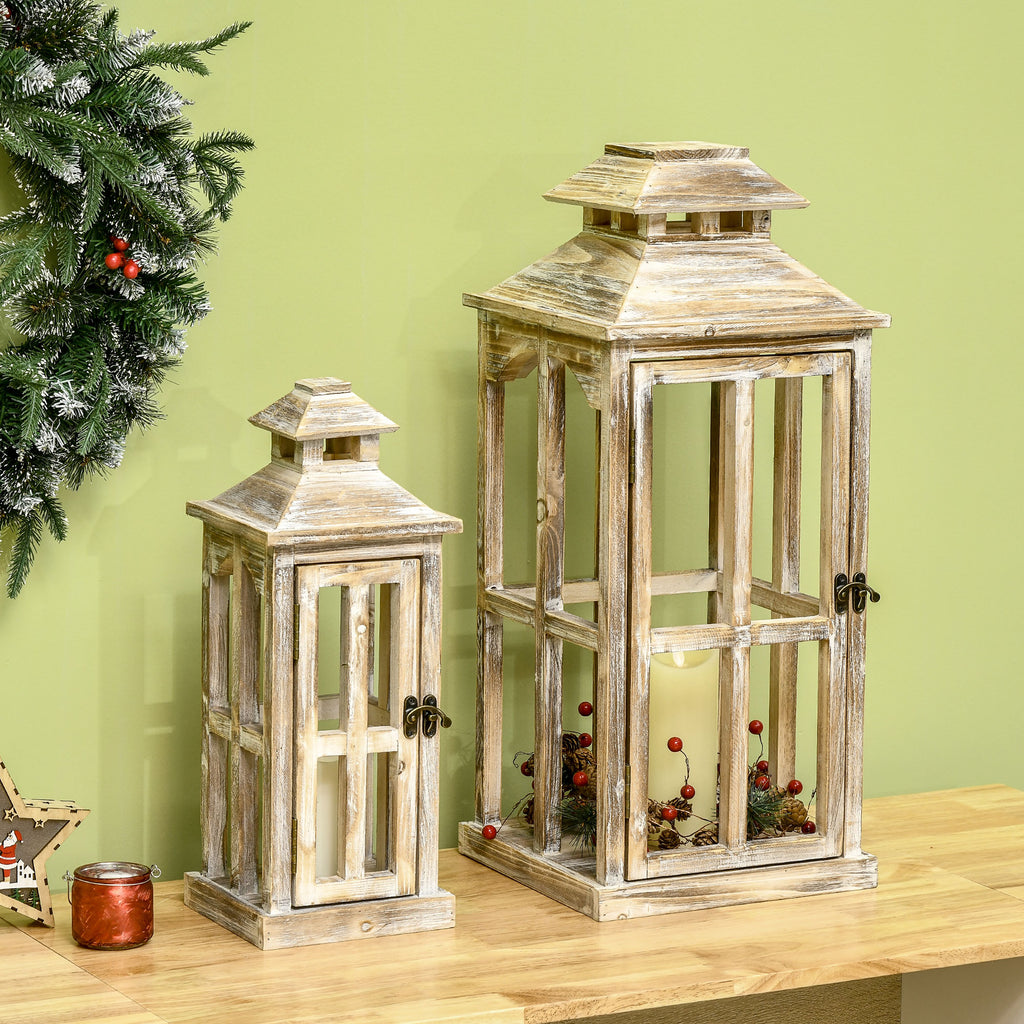 2 Pack 28"/20" Large Rustic Wooden Lantern Decorative, Indoor/outdoor