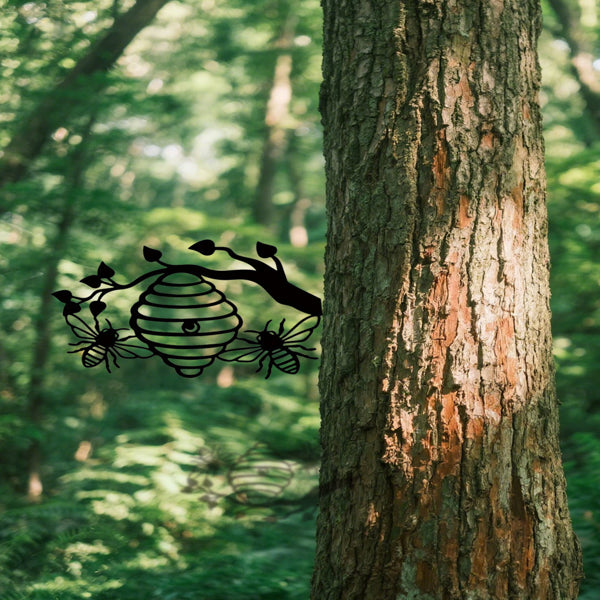 Sunny Yellow Honeycomb Iron Wall Art Outdoor Bee And Tree Silhouette