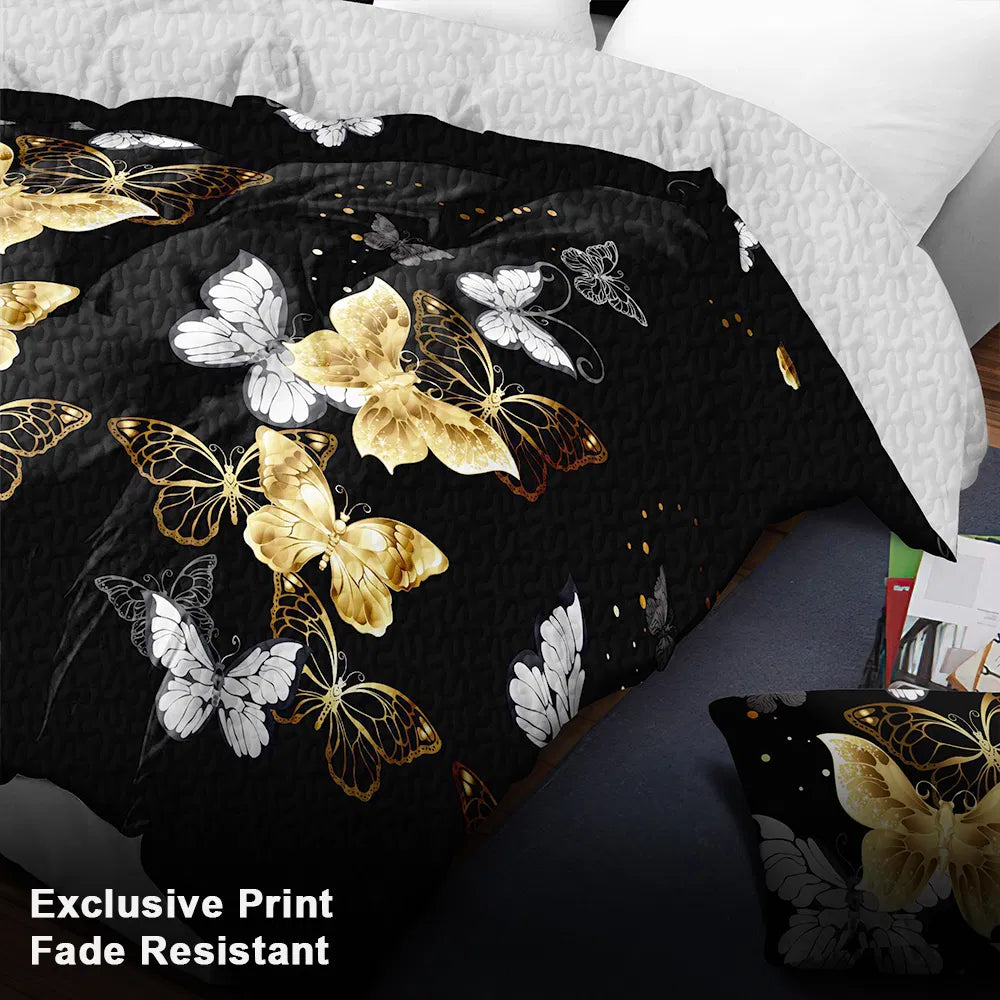 9-Piece Black & Gold Butterfly Bedding & Curtain Set - Quilted