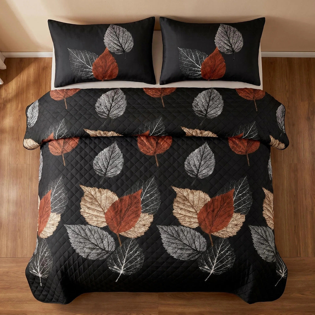 9-Piece Brown And Black Leaf Quilted Bedspread And Curtain Set