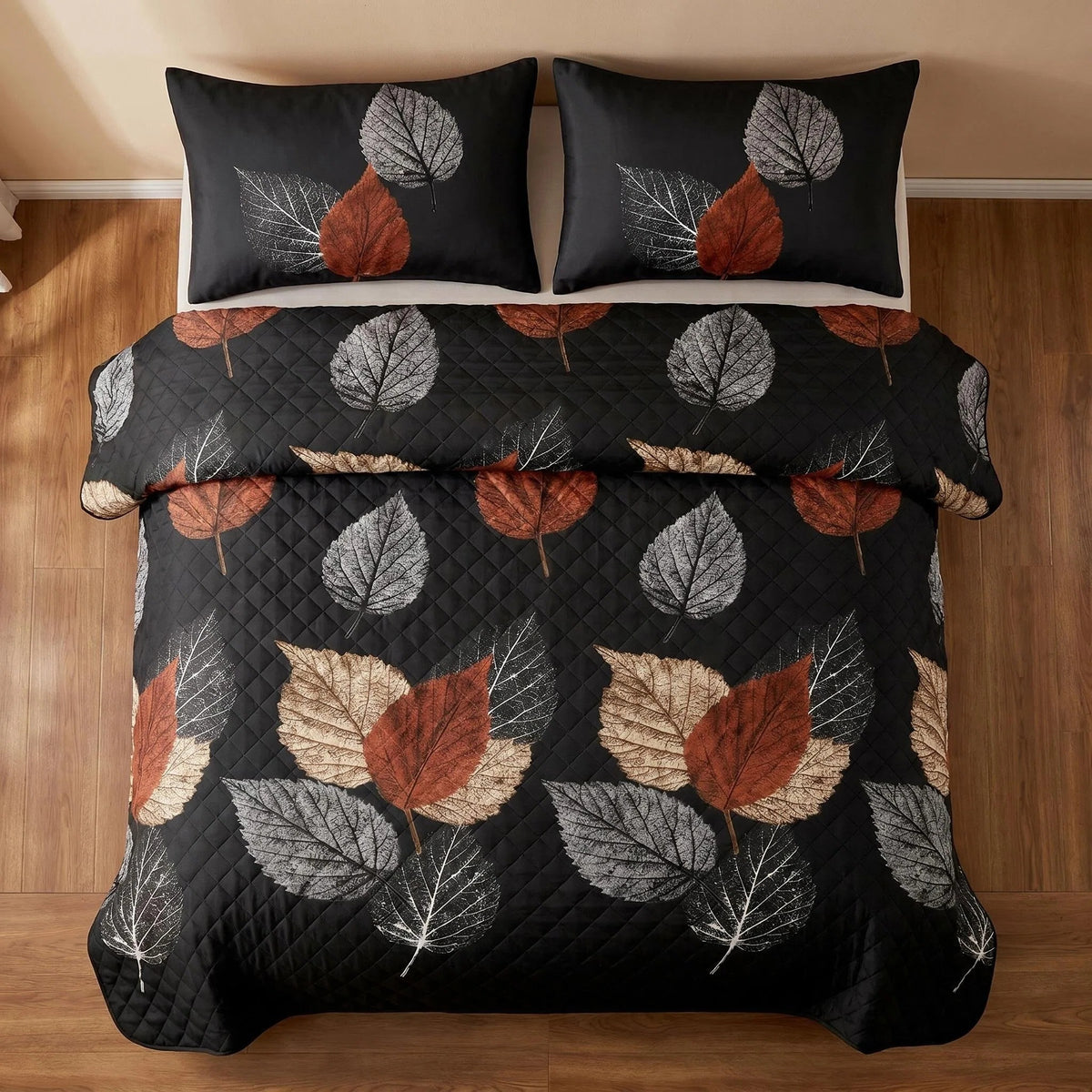 9-Piece Brown And Black Leaf Quilted Bedspread And Curtain Set