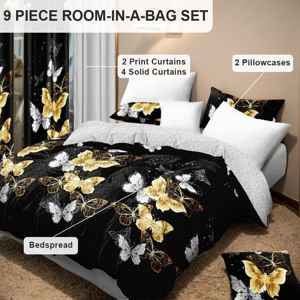 9-Piece Black & Gold Butterfly Bedding & Curtain Set - Quilted