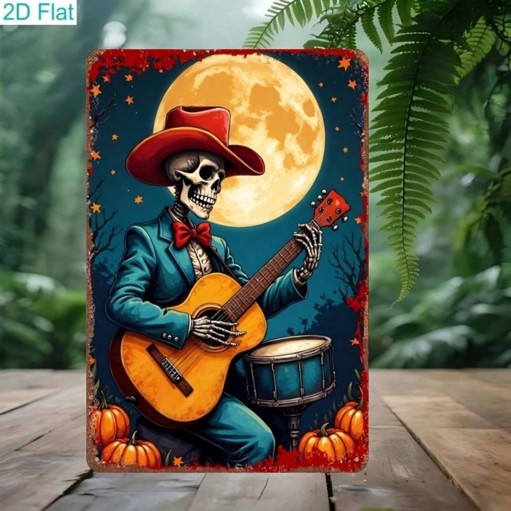 2D Flat Skeleton Cowboy Guitar Sign, Vintage Metal Day Of The Dead Wall