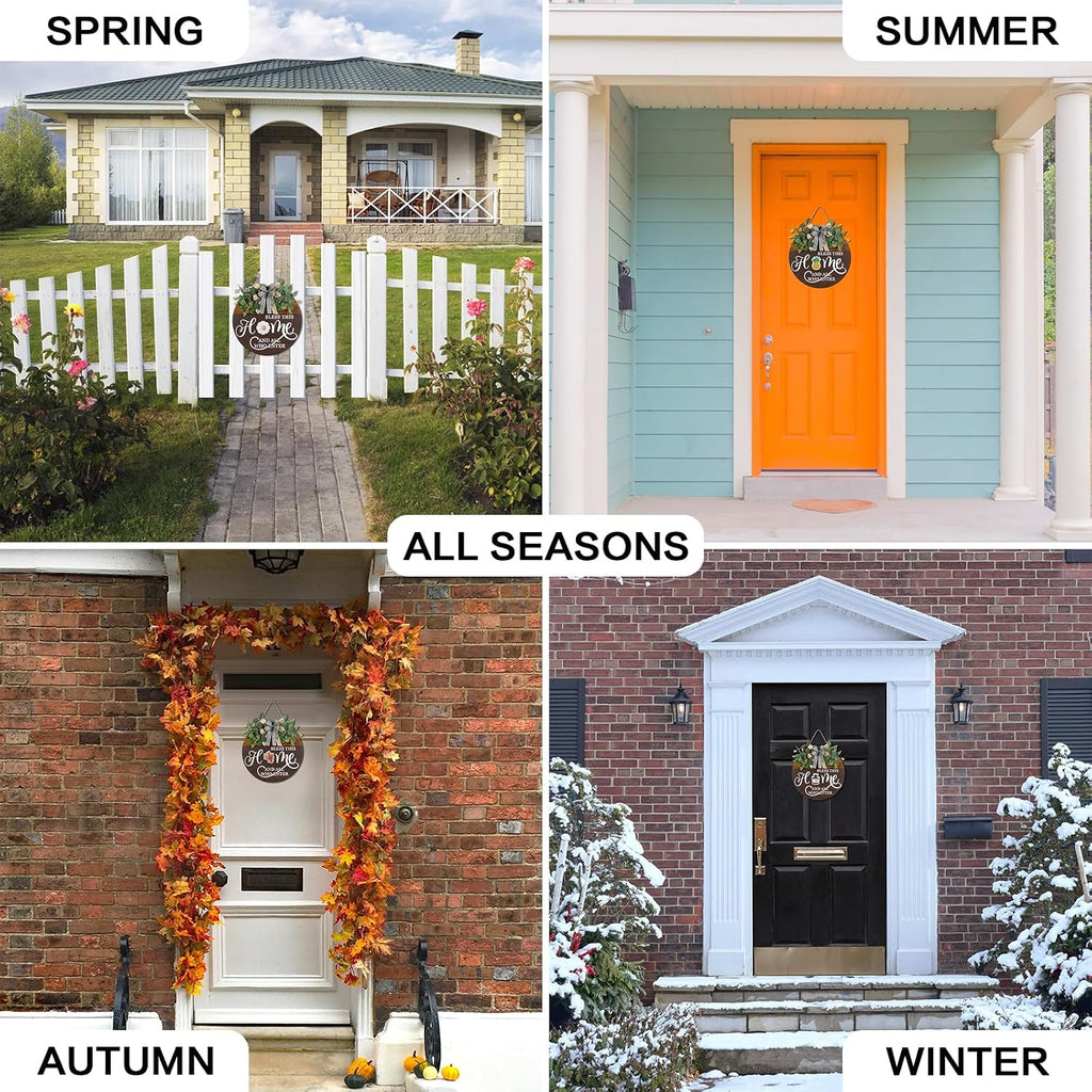 Interchangeable Seasonal Welcome Sign For Front Door, Rustic Round Wood