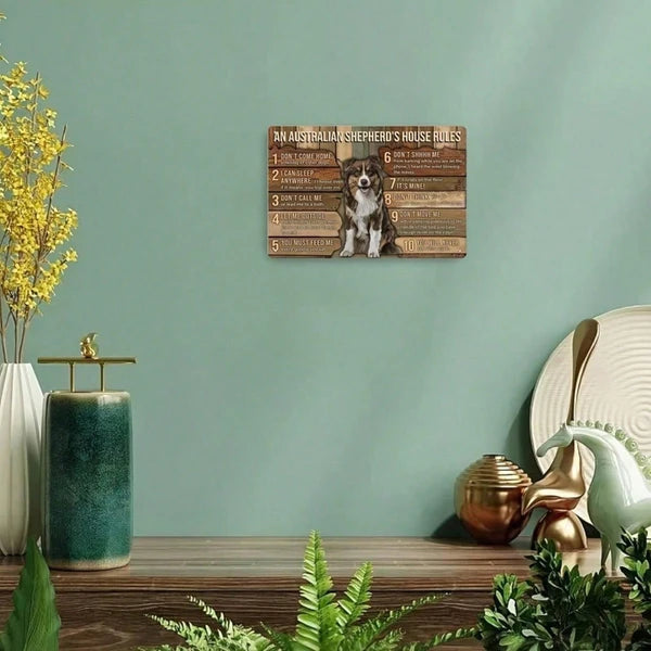 1pc Australian Shepherd Metal Tin Sign, House Rules Wall Art, Funny Pet