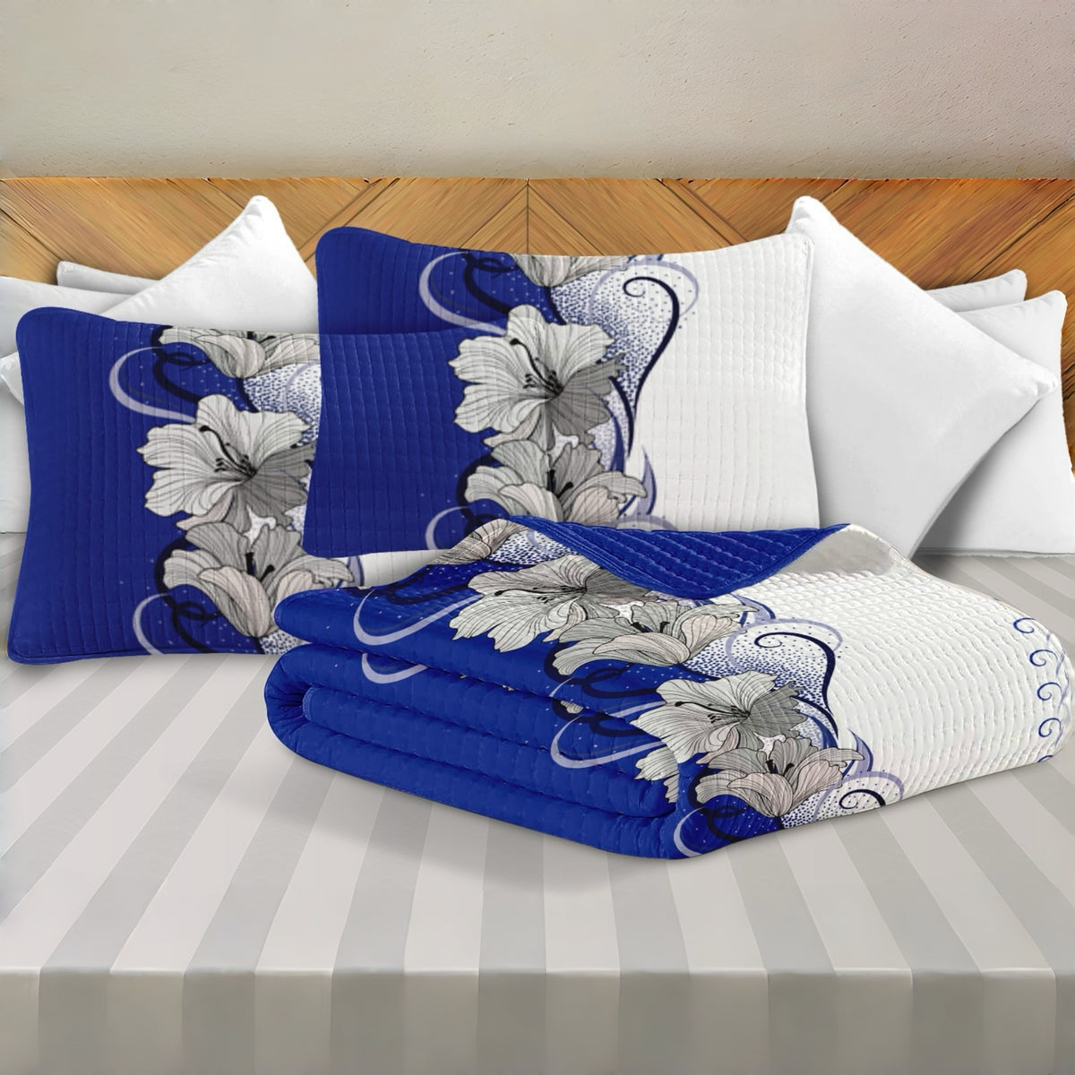 9-Piece Blue And White Lotus Bedspread And Curtain Set For King