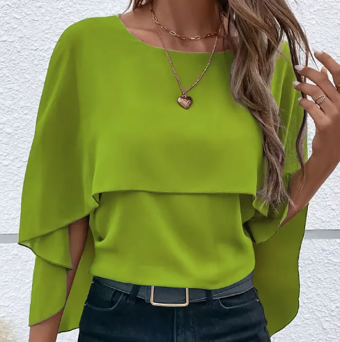 Solid Layered Cloak Sleeve Blouse, Versatile Crew Neck Blouse