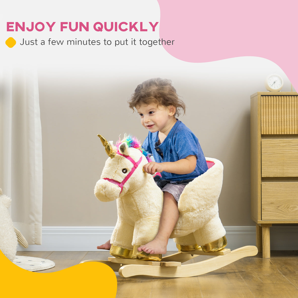 Kids Rocking Horse, Unicorn With Realistic Sound, Safety Belt & Wooden