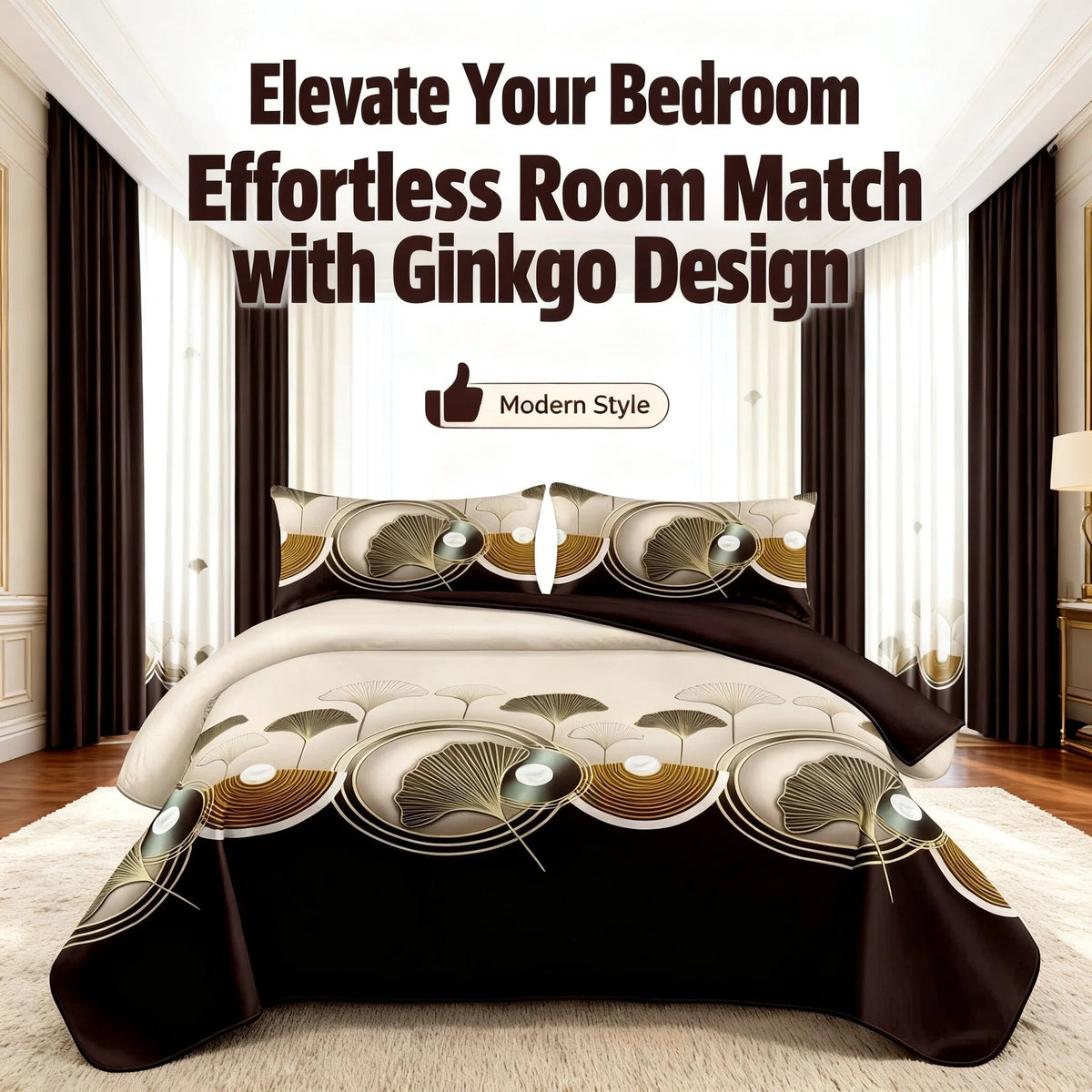 9-Piece Brown And Black Lotus Bedspread And Curtain Set, Reversible