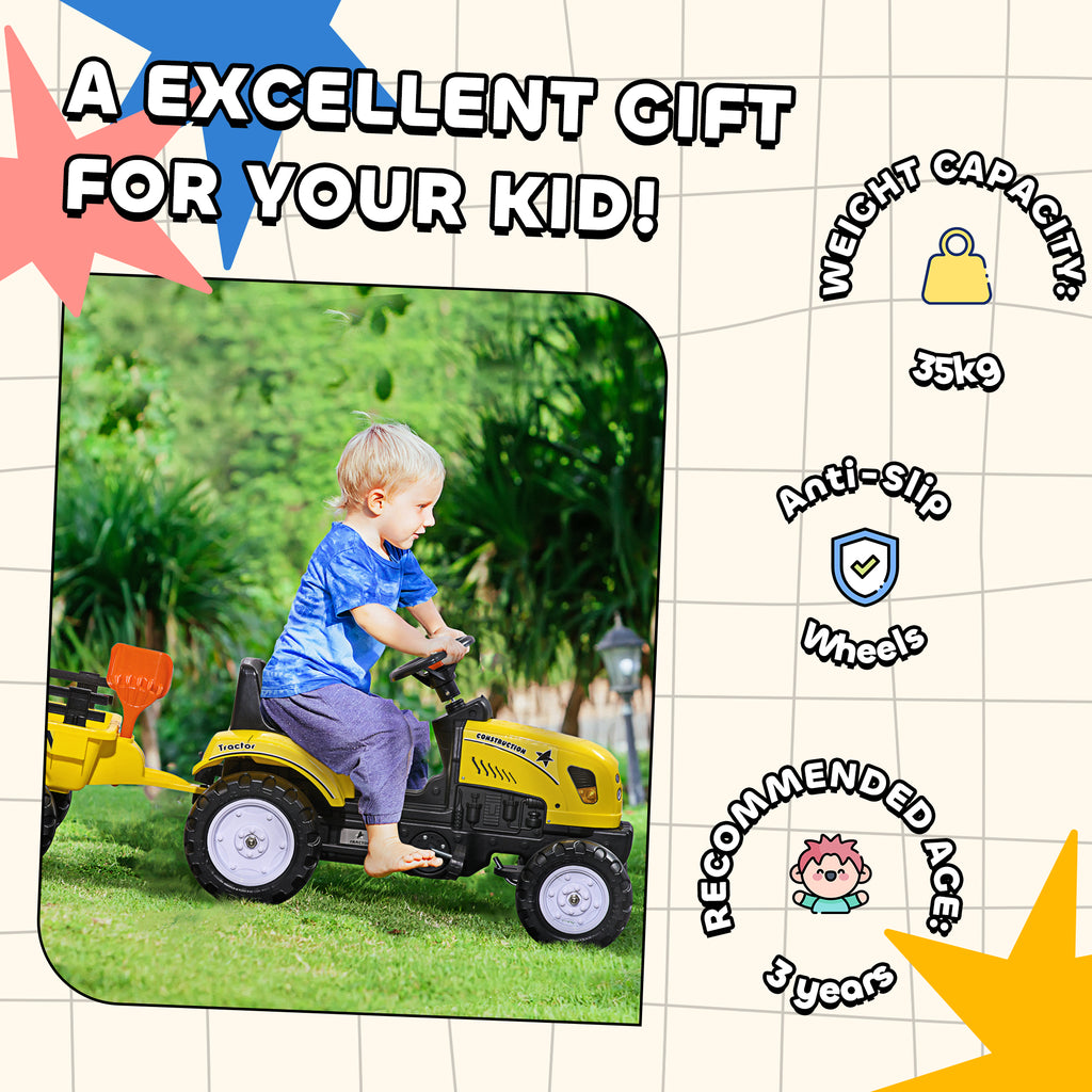 Kids Ride On Tractor With Back Trailer, Shovel & Rake, Horn, Pedal Go