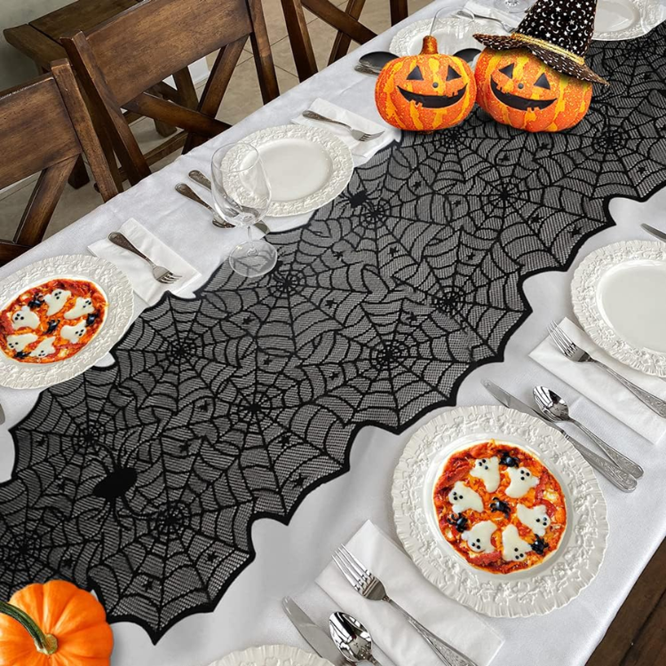 Halloween Black Lace Spider Web Table Runner, 18 X 72 Inch Spooky Table