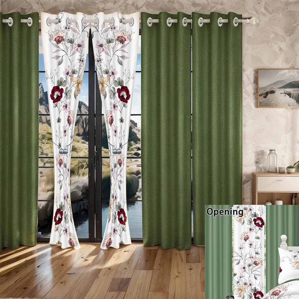 9-Piece Sage Green Watercolor Floral Bedding & Curtain Set - Quilted