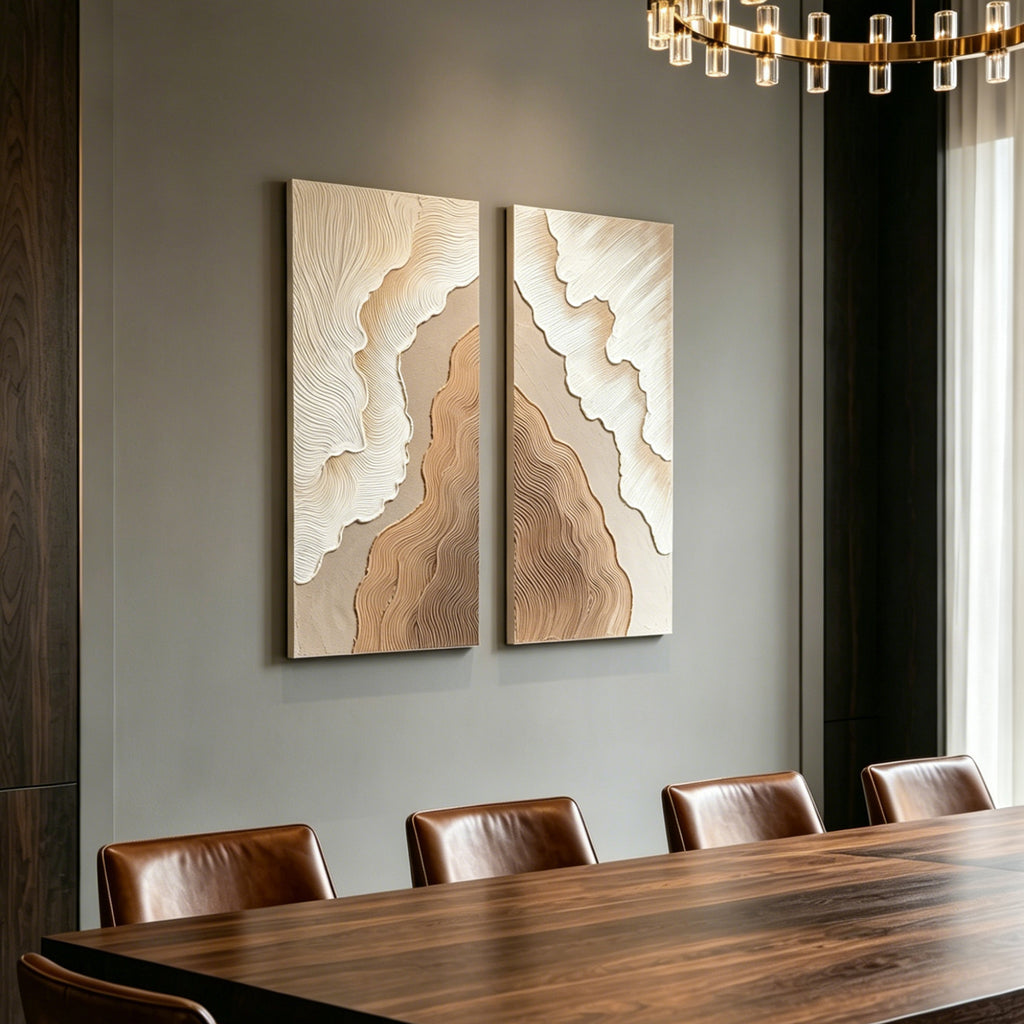 20x40 Set Of 2 Abstract Wall Art, Neutral Antique White & Beige Brown