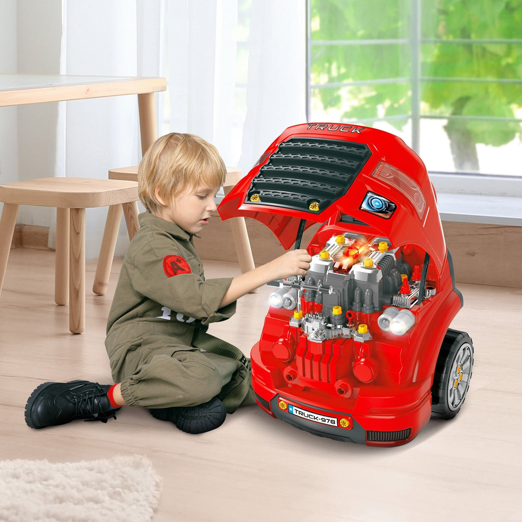 Mechanic Kids Truck Engine Toy Set, Car Service Play Set, Pink