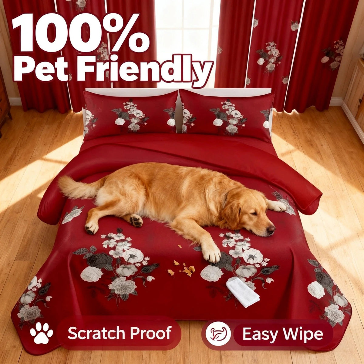 9-Piece Red Floral Quilt And Curtain Set, Reversible Microfiber