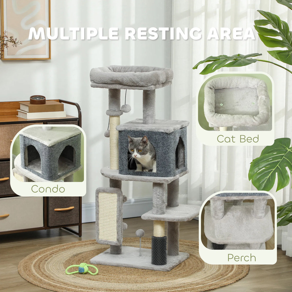 41 Inch Cat Tree With Scratching Posts, Cat Bed, Condo, Grooming Brush