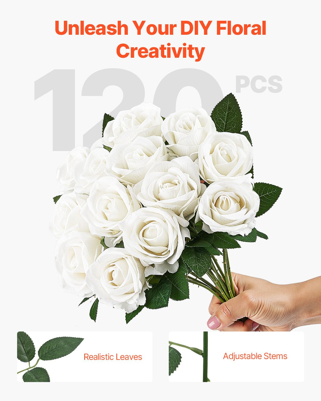 120 Pcs White Roses Artificial Flowers Realistic Bouquet For Xmas Home