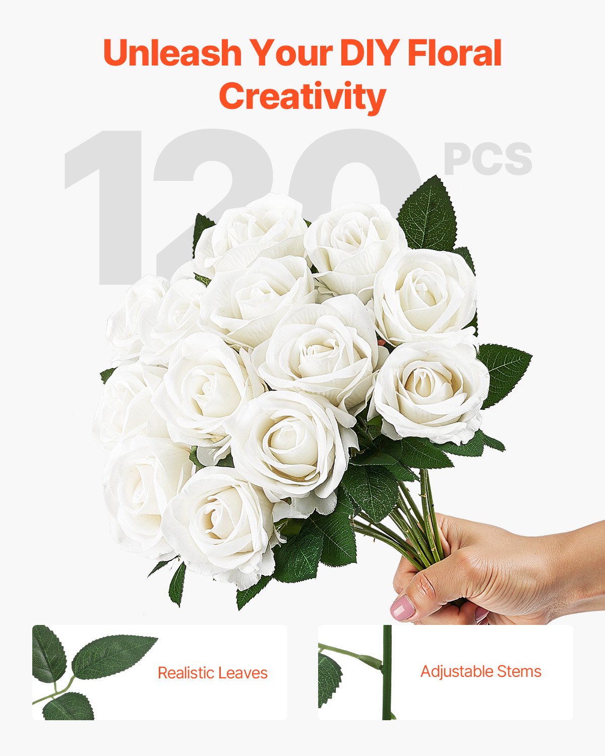 120 Pcs White Roses Artificial Flowers Realistic Bouquet For Xmas Home