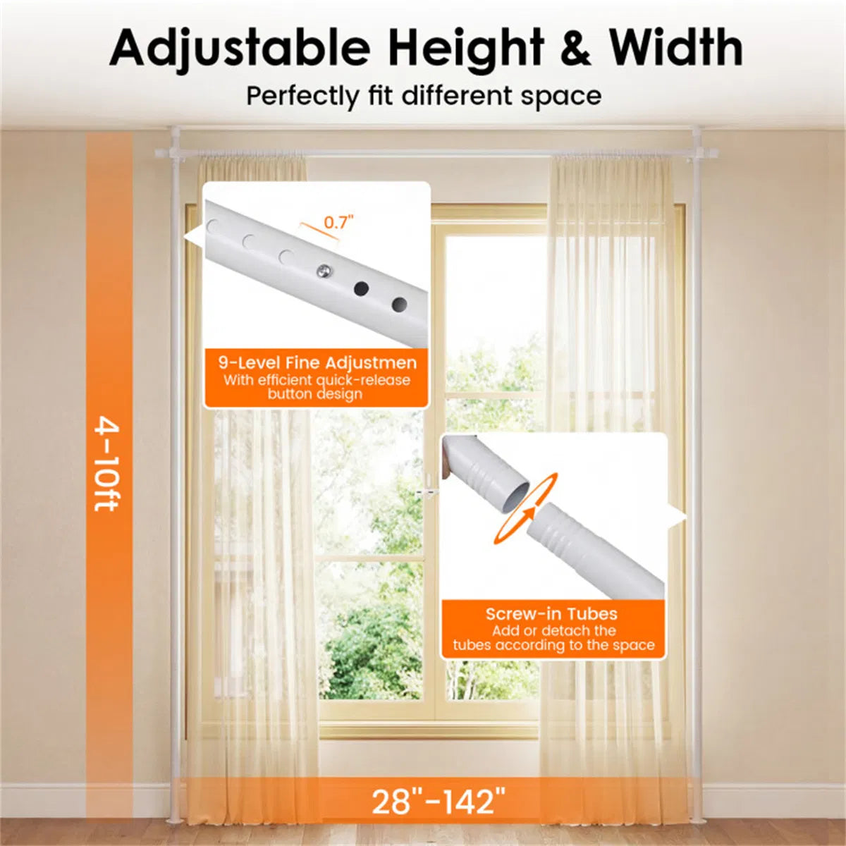 Drill-free L-shaped Room Divider Curtain Rod, Adjustable 28"-142"W X
