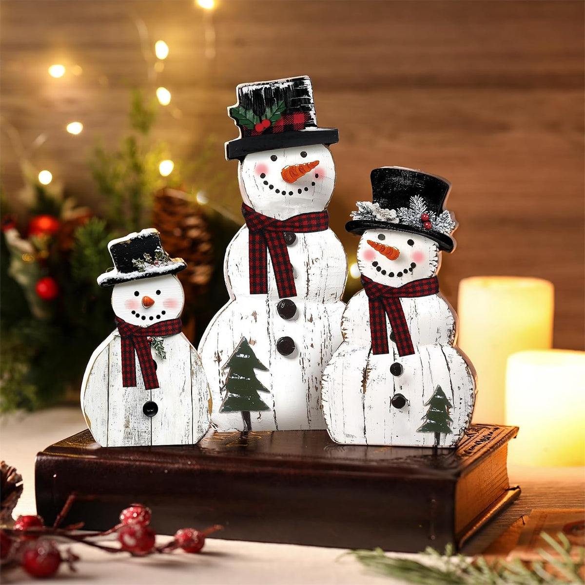 3 Pack Snowman Christmas Decorations, Rustic Wooden Holiday Figurines