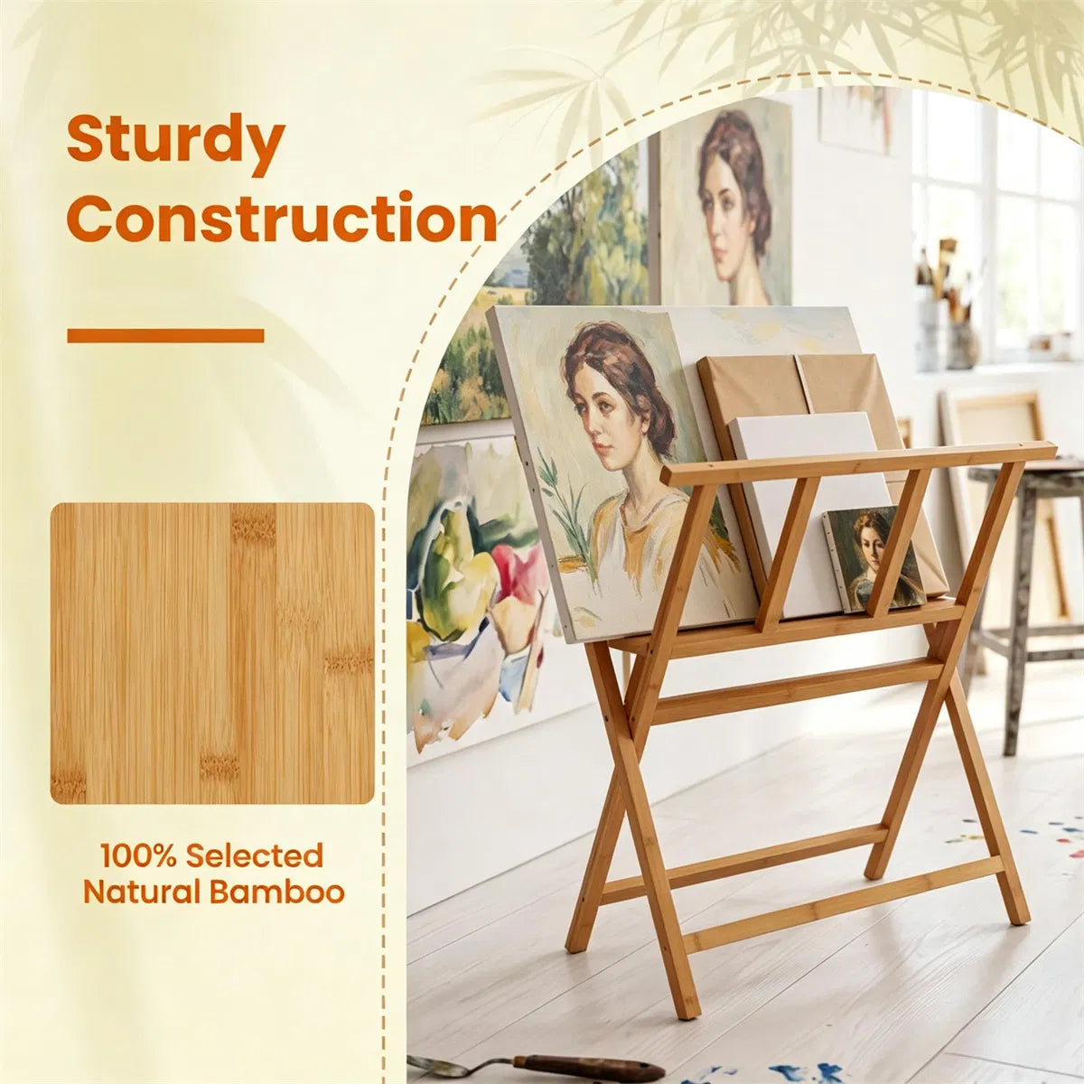 Natural Bamboo Art Storage Rack, Heavy-duty Canvas Print Display Stand