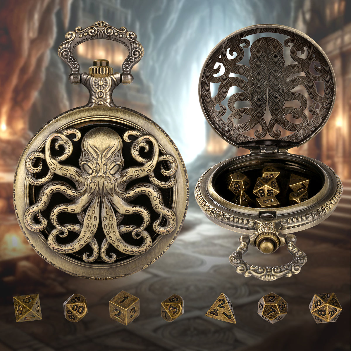 Thick Chain Octopus Symmetrical Pocket Watch Dice Set, Equipped