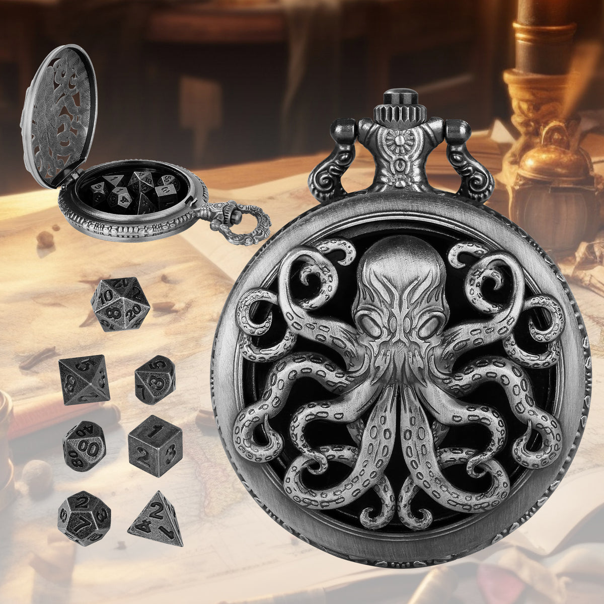 Thick Chain Octopus Symmetrical Pocket Watch Dice Set, Equipped