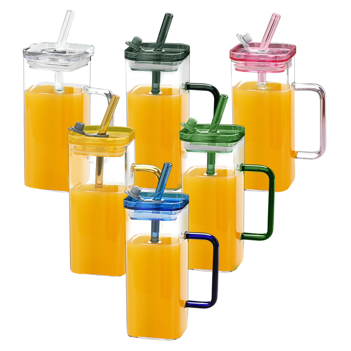 1 Pcs Blue Glass Straw Cup, 6 Colors Square Glass Cup With Straw