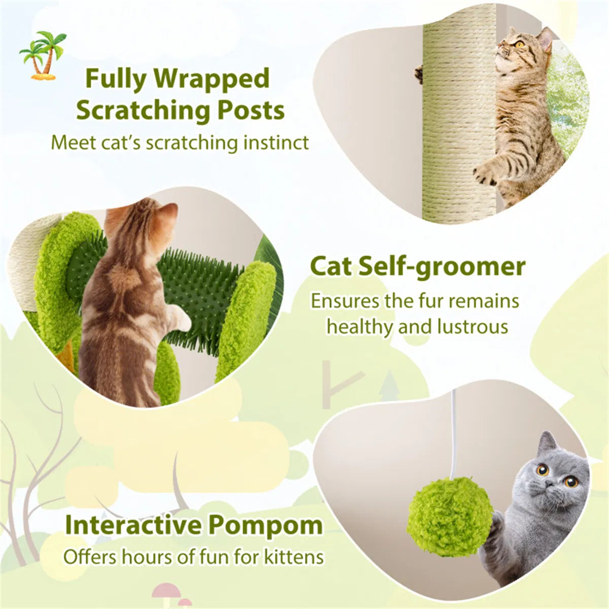 Cat Tree - 22LBS Capacity, Palm Tree Design With Self-groomer