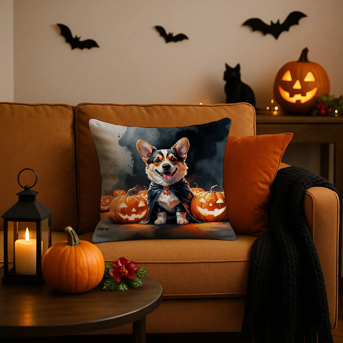 Corgi Puppy Halloween Throw Pillow Machine Washable, Indoor Outdoor