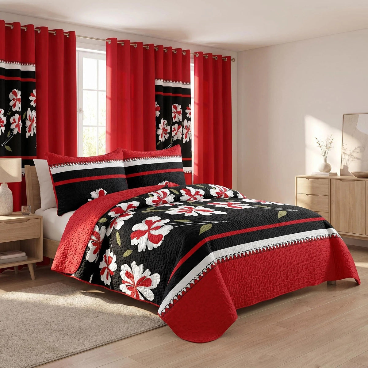 9-Piece Black And Red Floral Bedspread And Curtain Set, Reversible