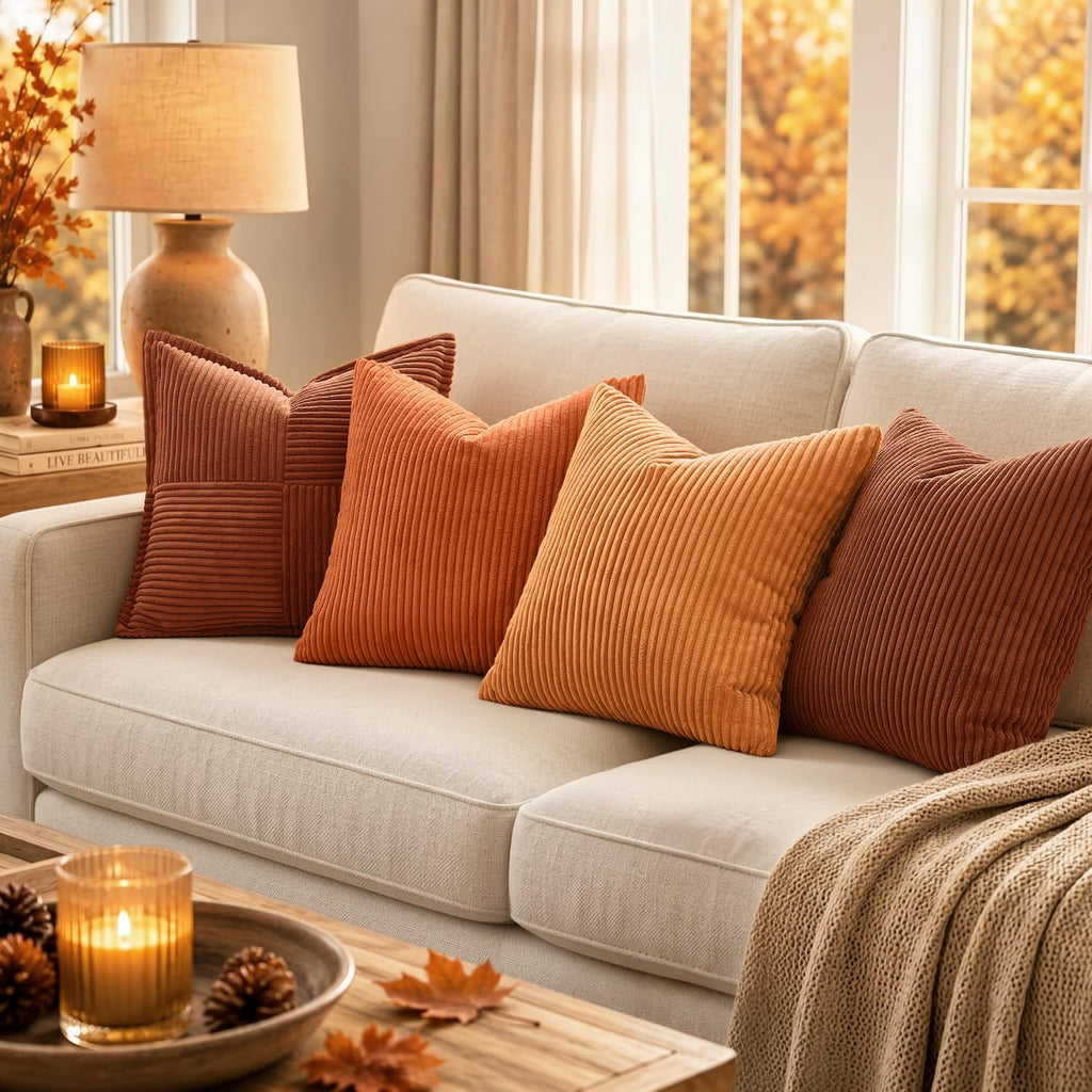 Fall Corduroy Throw Pillow Covers 2 Pack, 14x14 Inch Decorative Cushion