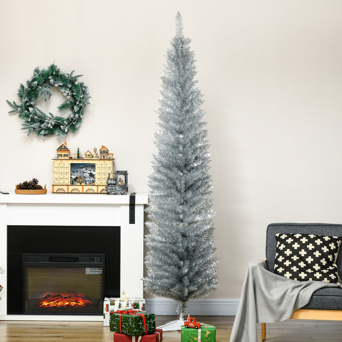 7FT Decorated Christmas Tree, Pencil Christmas Tree With 499 Realistic