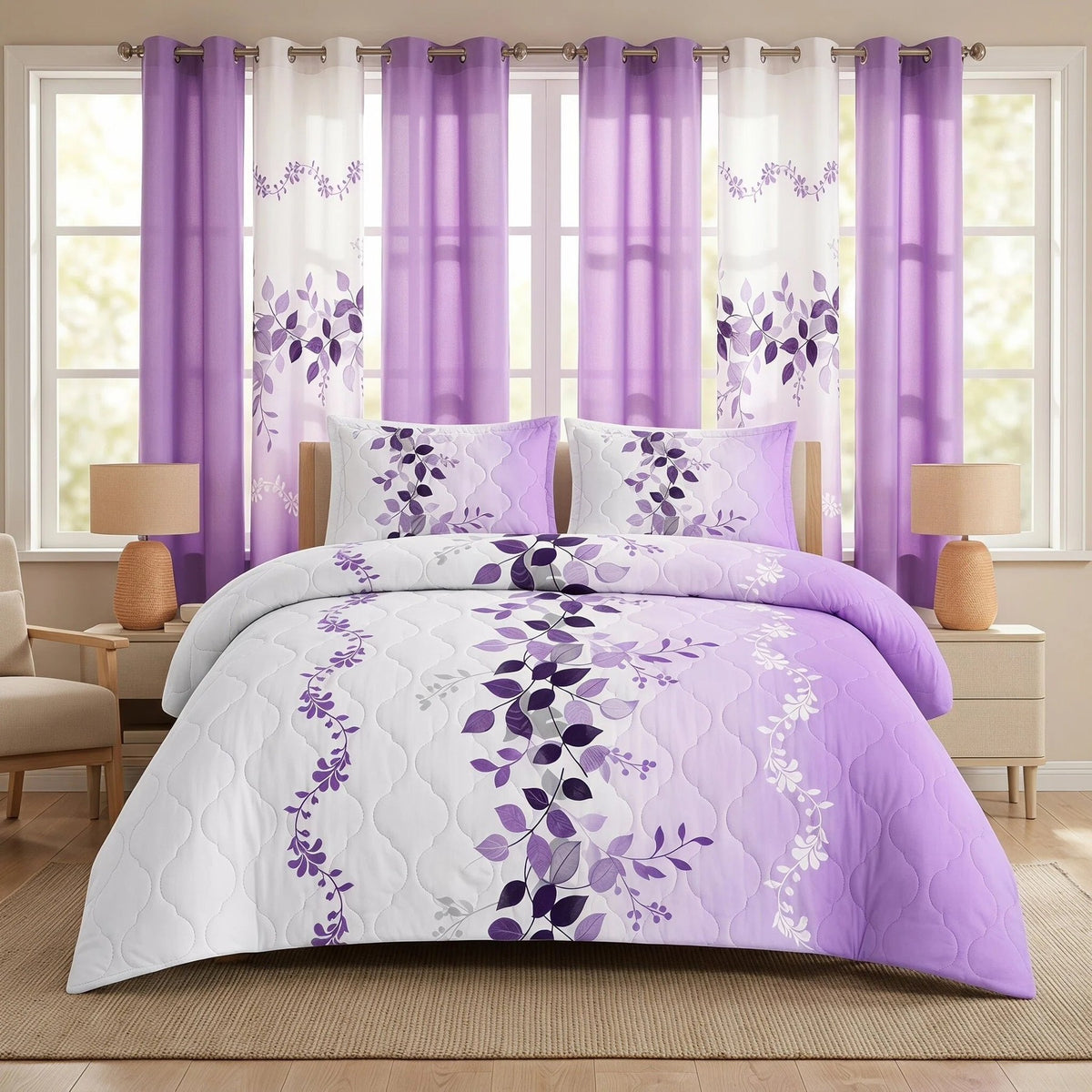 9-Piece Purple Floral Quilt And Curtain Set, Reversible Microfiber