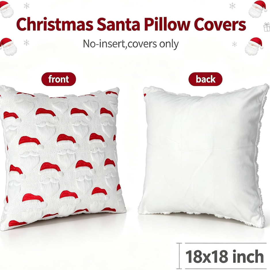2Pcs Santa Christmas Pillow Covers 18x18, 3D Jacquard Faux Fur Decor